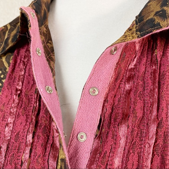 Vintage Y2K Boho Leopard Mixed Print Lace Ribbon Snap Shirt Lg - Picture 5 of 10